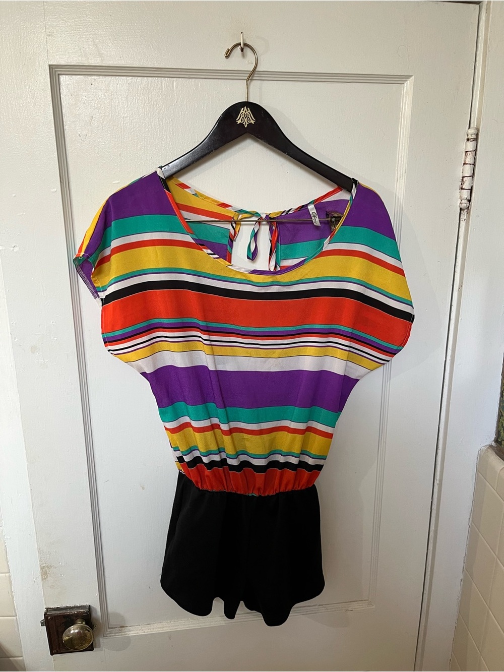 Cefian USA Vibrant Multi-Color Striped Tie Shoulder Romper Size S EUC